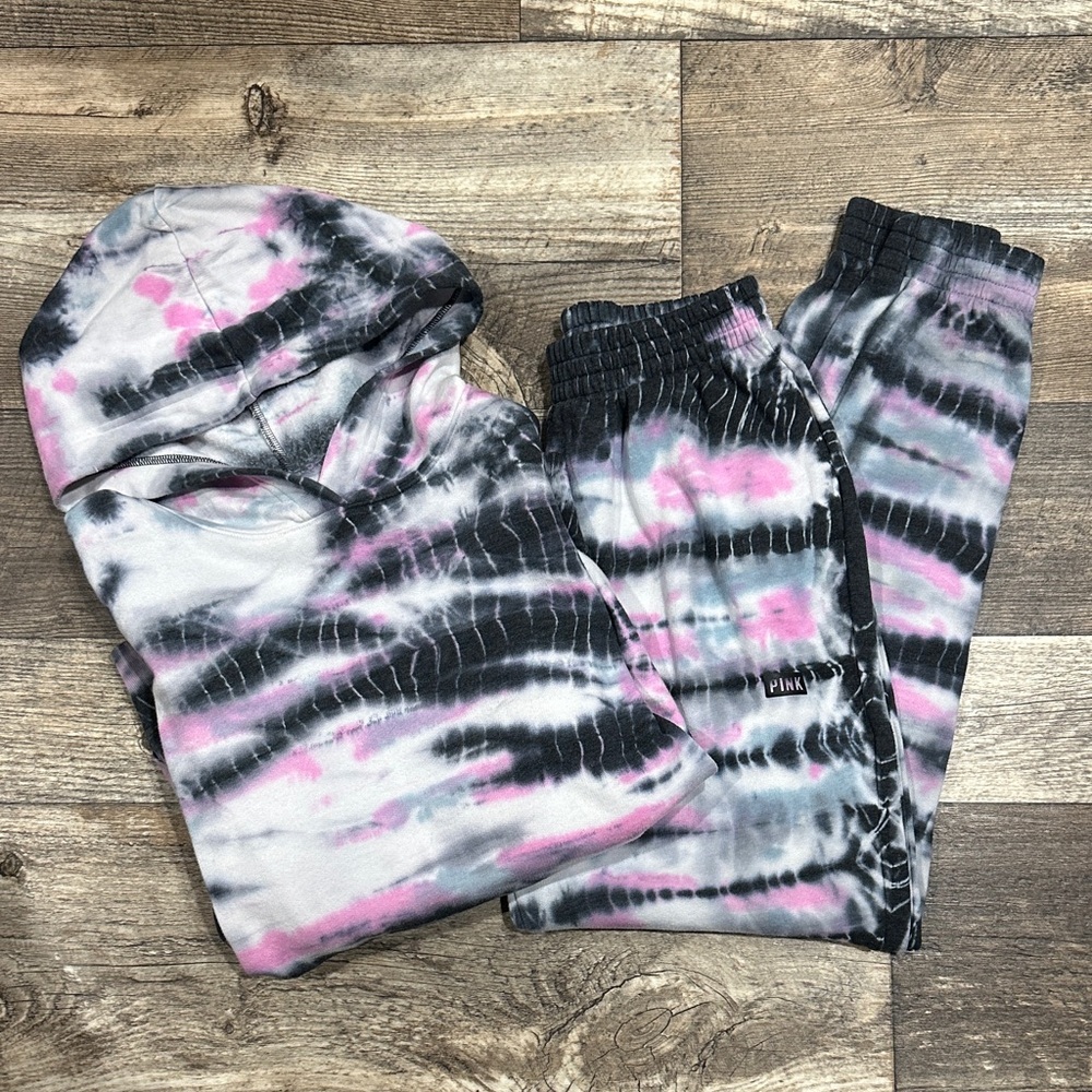 PINK Victoria's Secret Black and Pink Tie-Dye Joggers